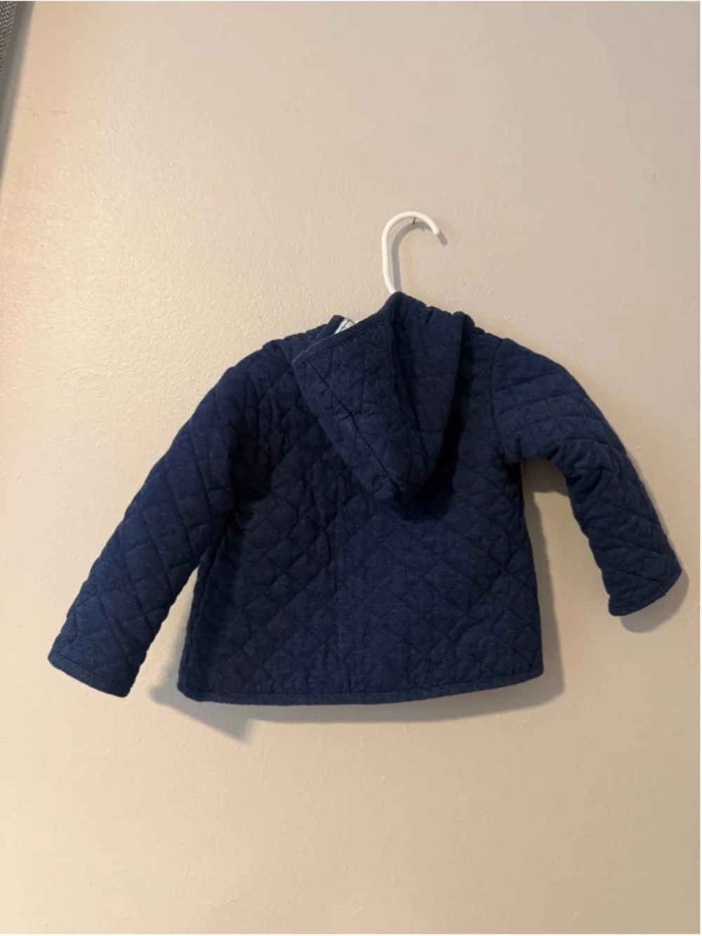 Quilted Navy Blue Hooded Jacket with Plaid Lining
